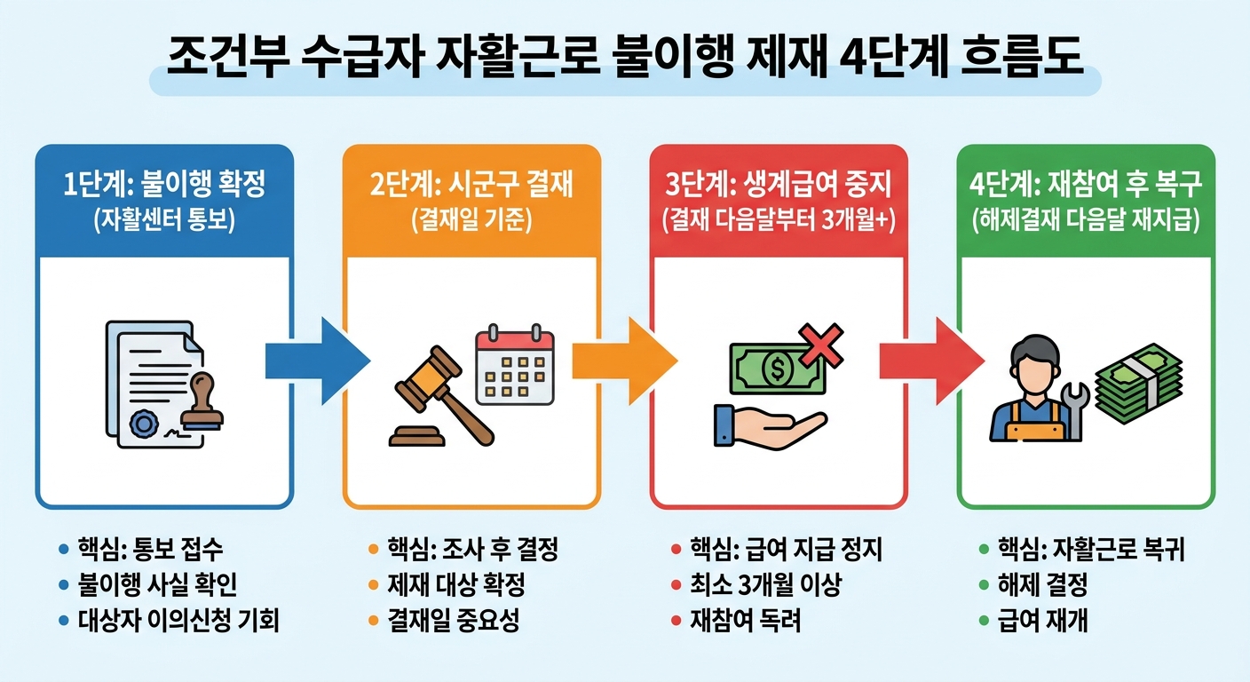자활근로 불이행 시 생계급여 제재 4단계 흐름도