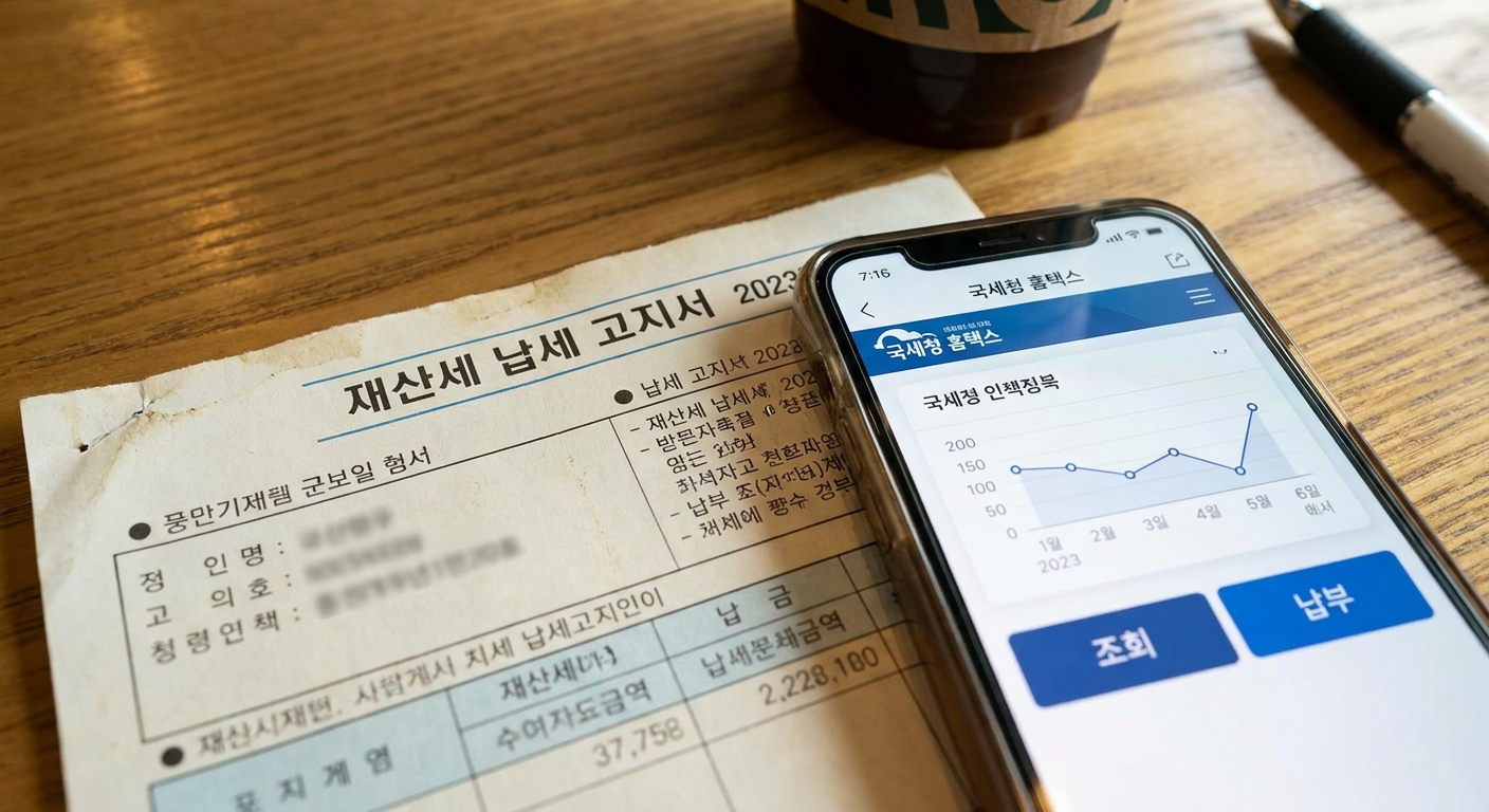 7월 재산세 고지서와 위택스 조회 화면