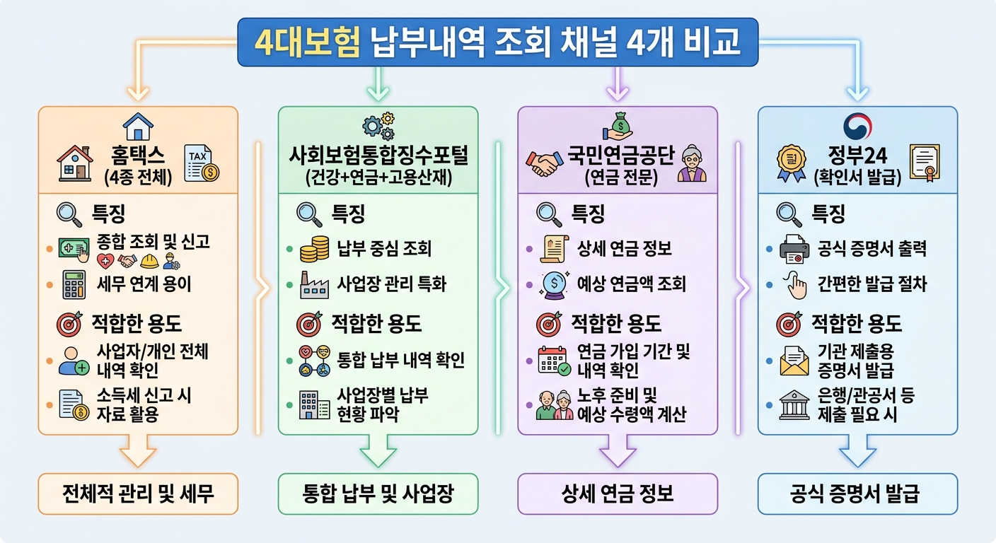 4대보험 납부내역 조회 채널 4개 비교 인포그래픽