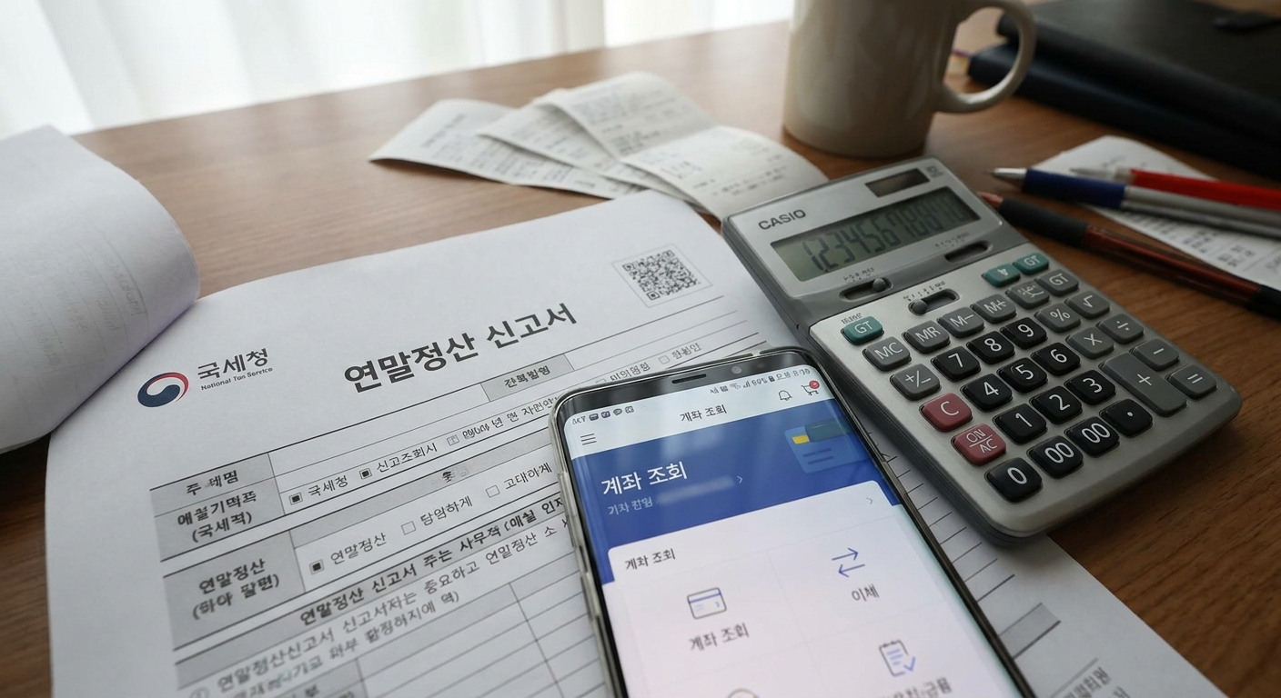 연말정산 원천징수영수증과 계산기를 놓고 차감징수세액을 확인하는 모습