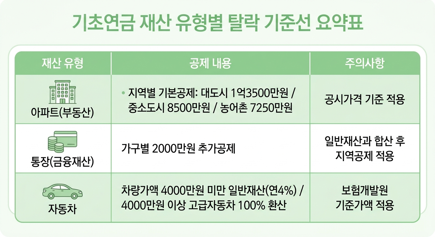 기초연금 재산 유형별 공제 기준 요약 인포그래픽