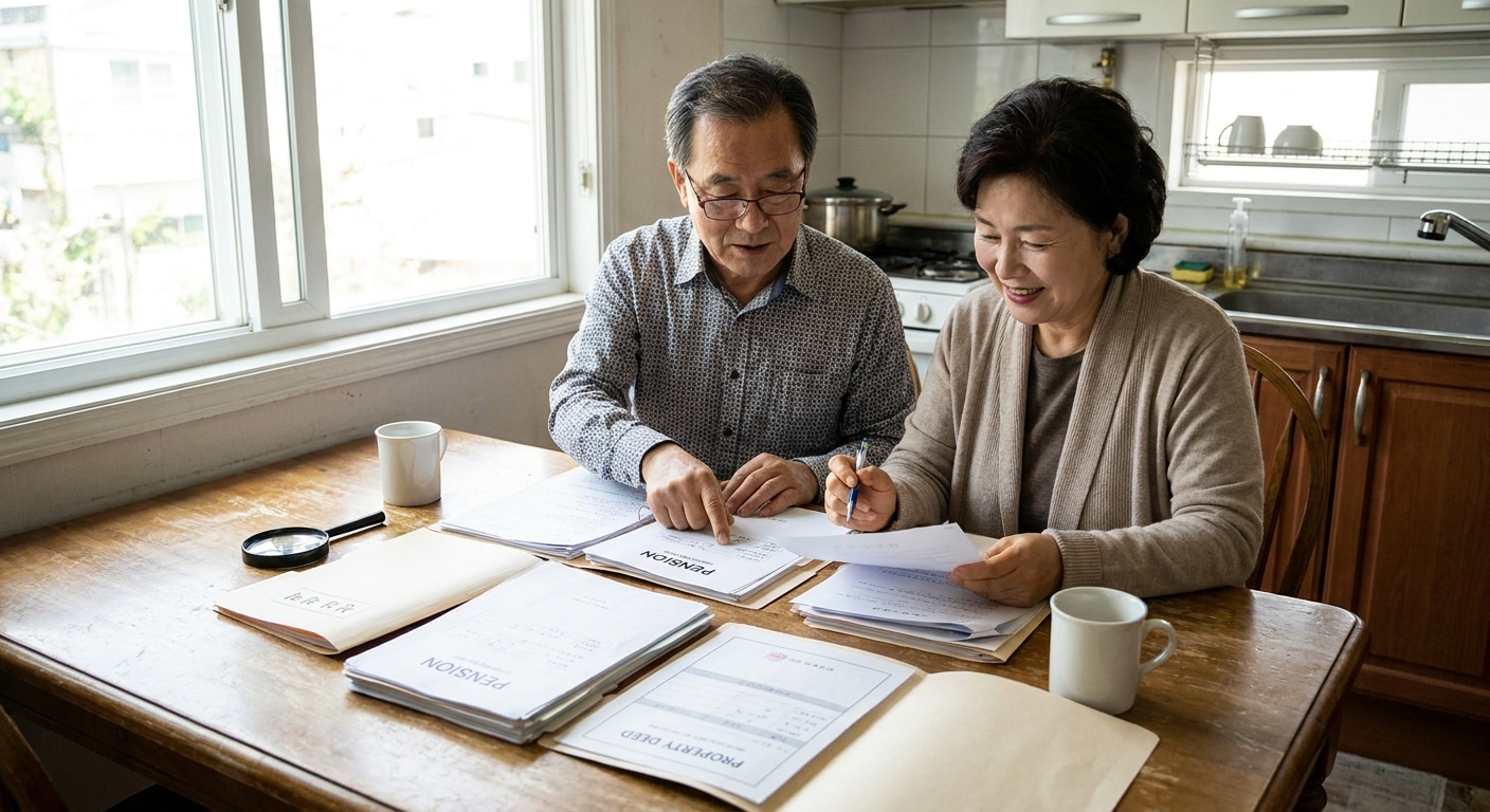 기초연금 재산 기준 서류를 검토하는 노부부