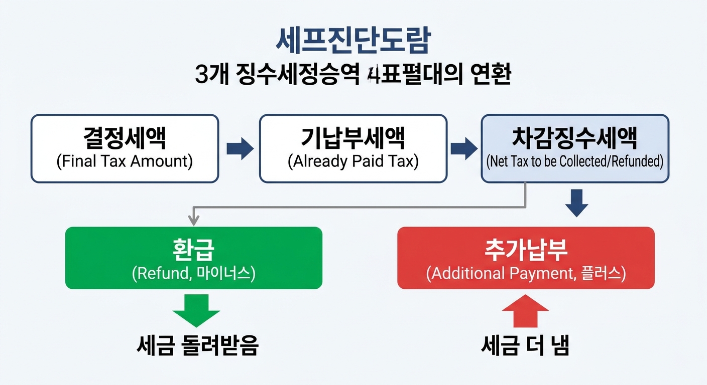 차감징수세액 마이너스와 플러스 의미를 비교한 자가진단 인포그래픽