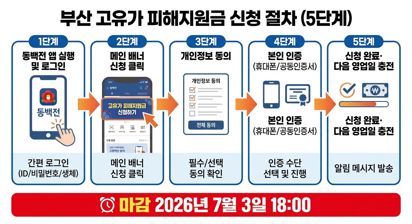 부산 민생지원금 3차 동백전 앱 신청 절차 흐름도 인포그래픽