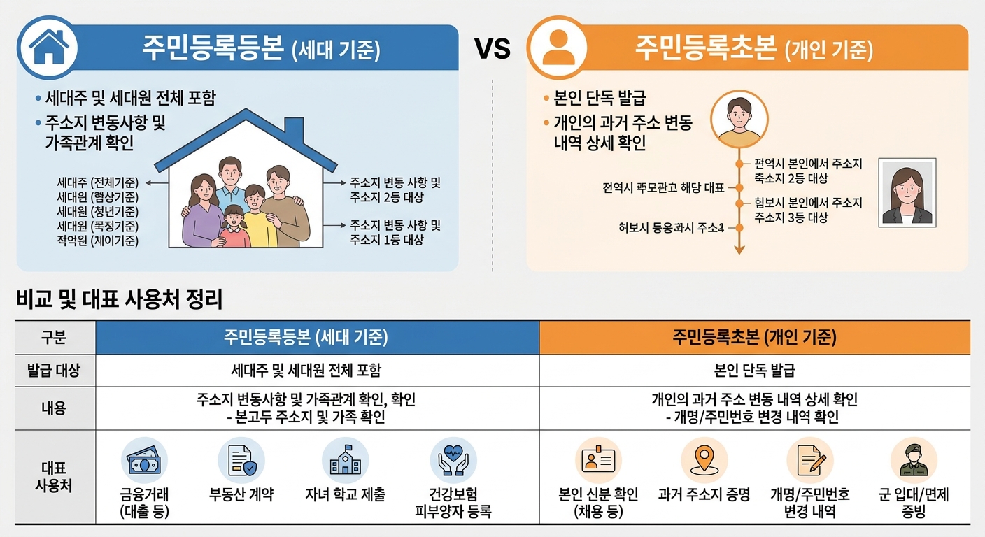 등본과 초본 사용처 비교 인포그래픽