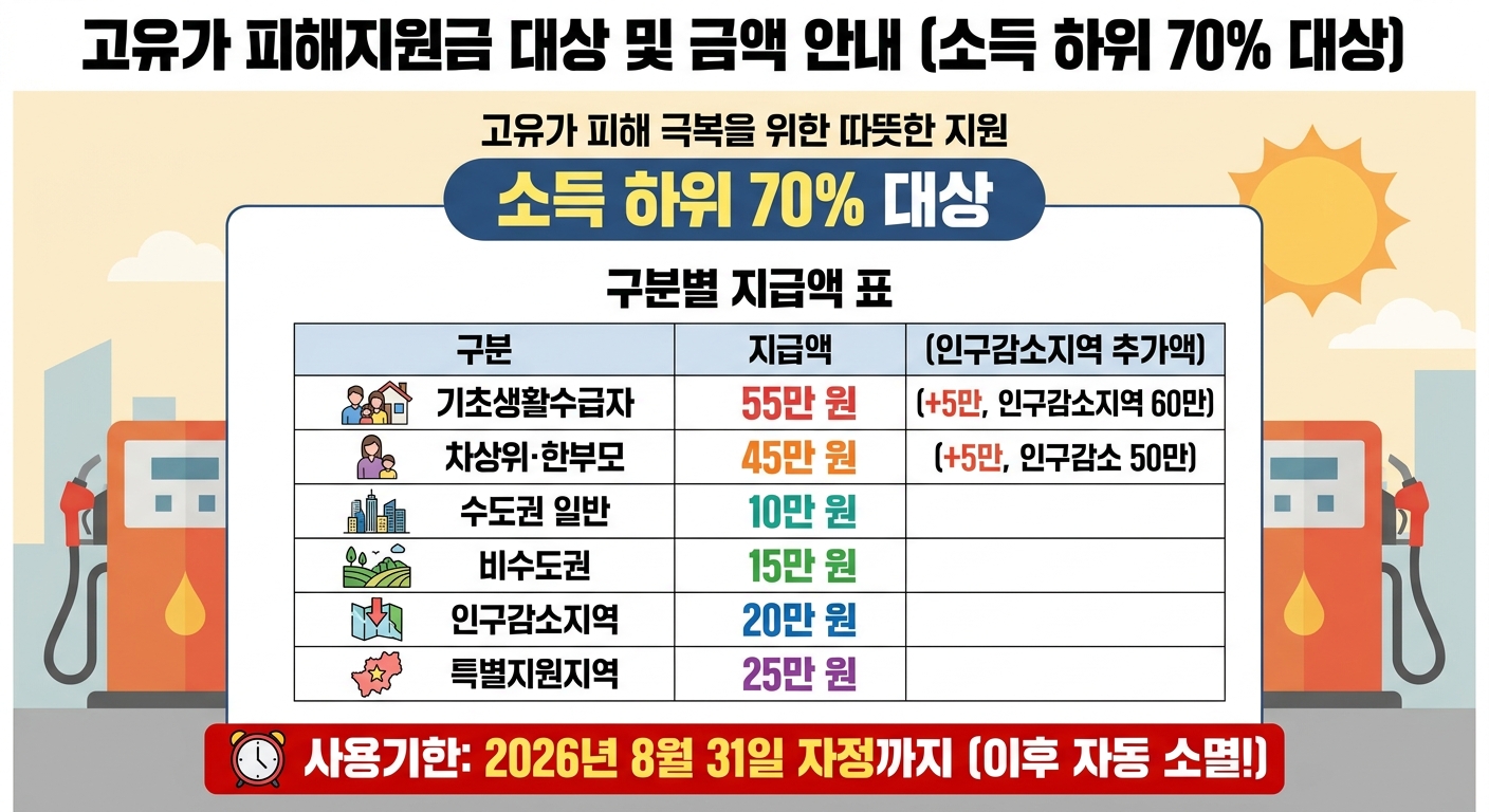 고유가 피해지원금 지급 대상 및 금액 인포그래픽