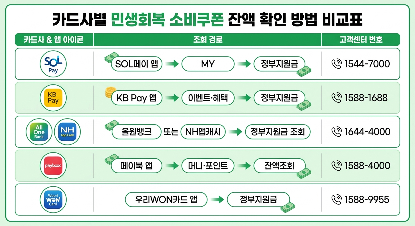 카드사별 민생회복 소비쿠폰 잔액 확인 방법 비교 인포그래픽