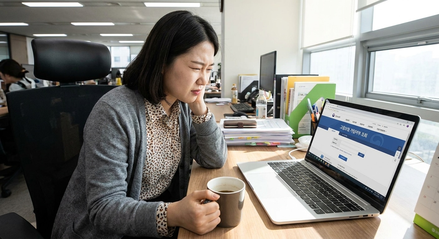 직장인이 노트북으로 고용보험 가입 여부를 조회하는 모습
