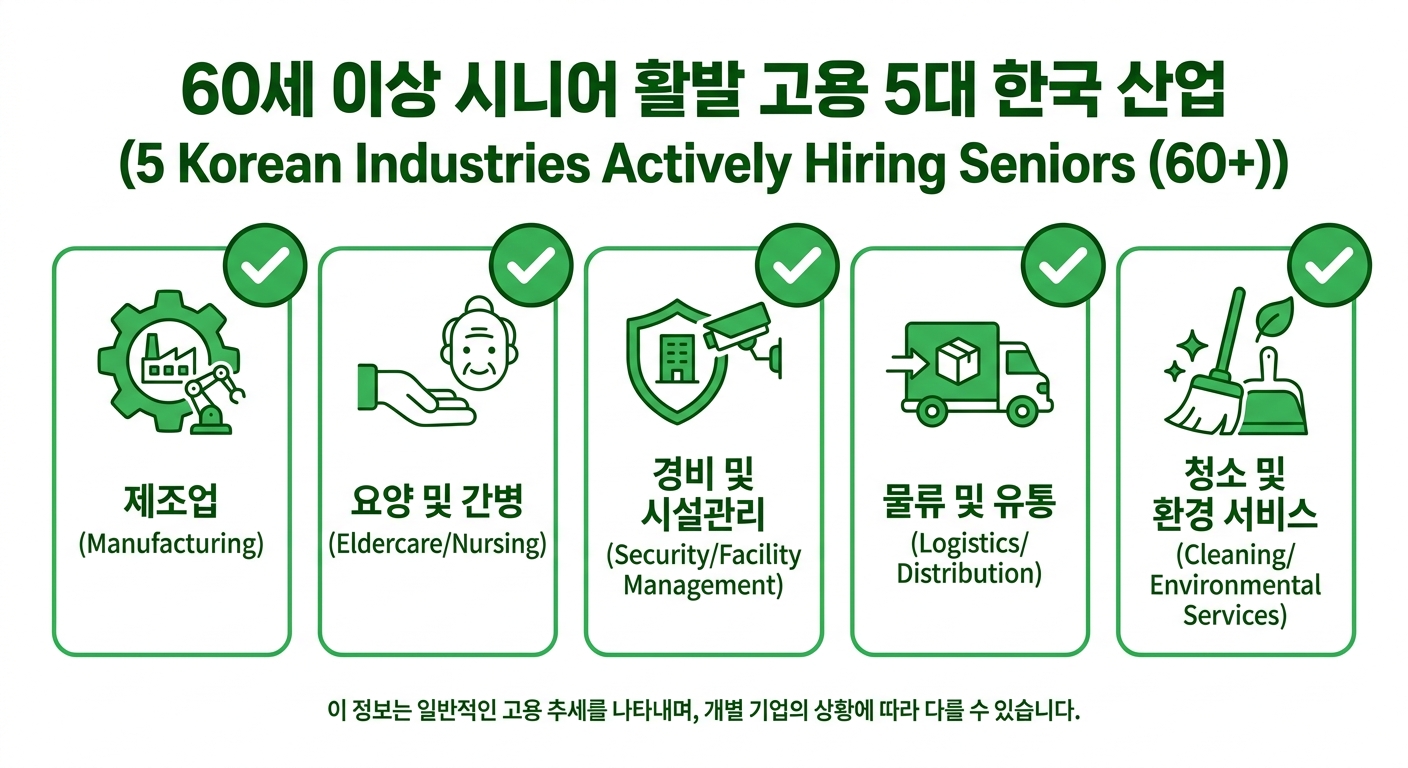 60세 이상 고령자 채용이 활발한 5대 업종 인포그래픽