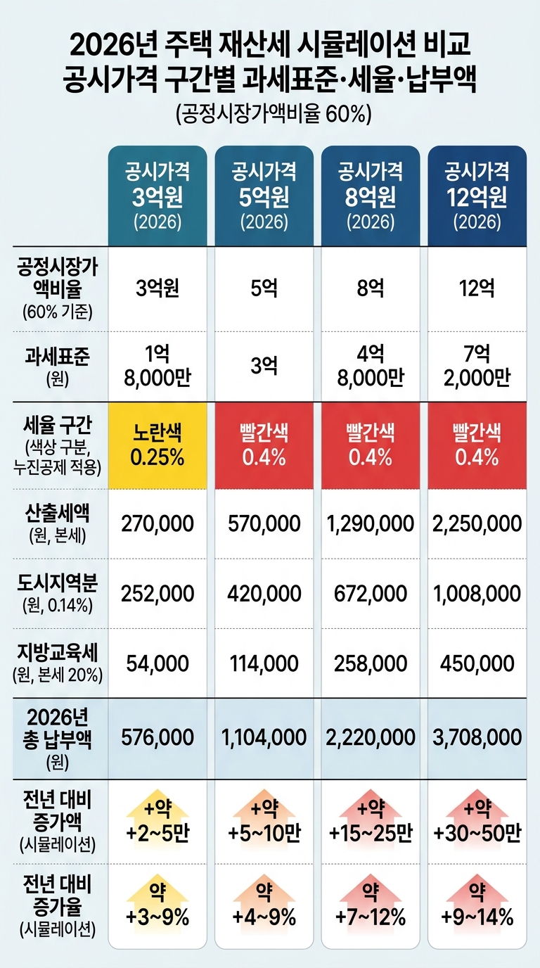 공시가격별 2026년 재산세 시뮬레이션 비교표