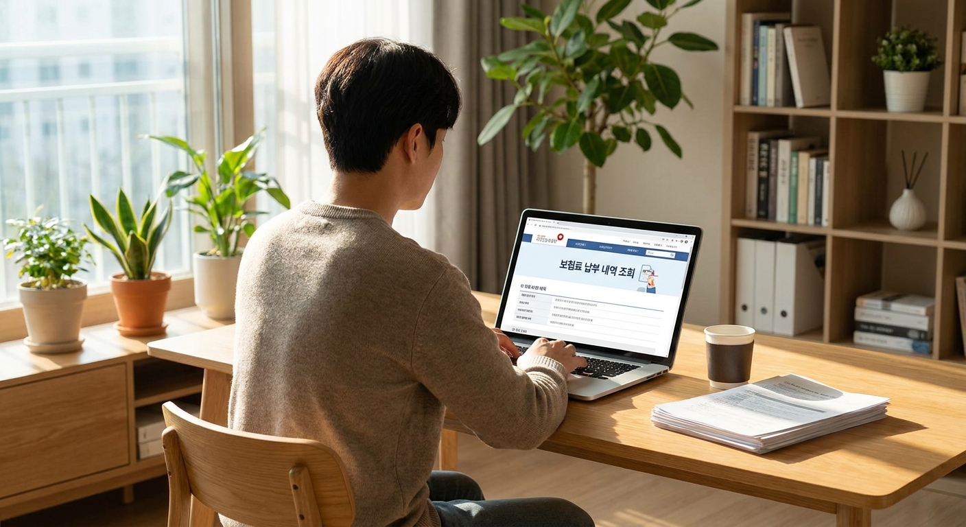 4대보험 납부내역 조회 화면을 보고 있는 직장인