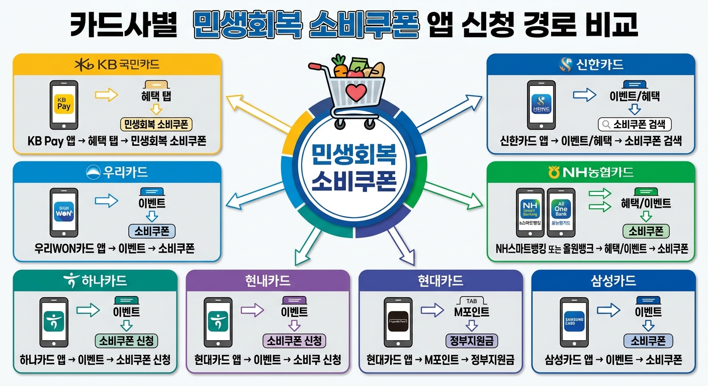 국민 신한 농협 삼성 현대 하나 우리카드 민생회복 소비쿠폰 앱 신청 경로 비교표