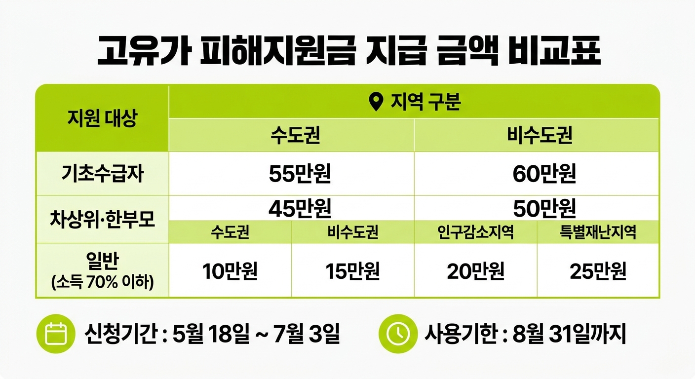 고유가 피해지원금 유형별 지급 금액과 신청·사용 일정 비교표