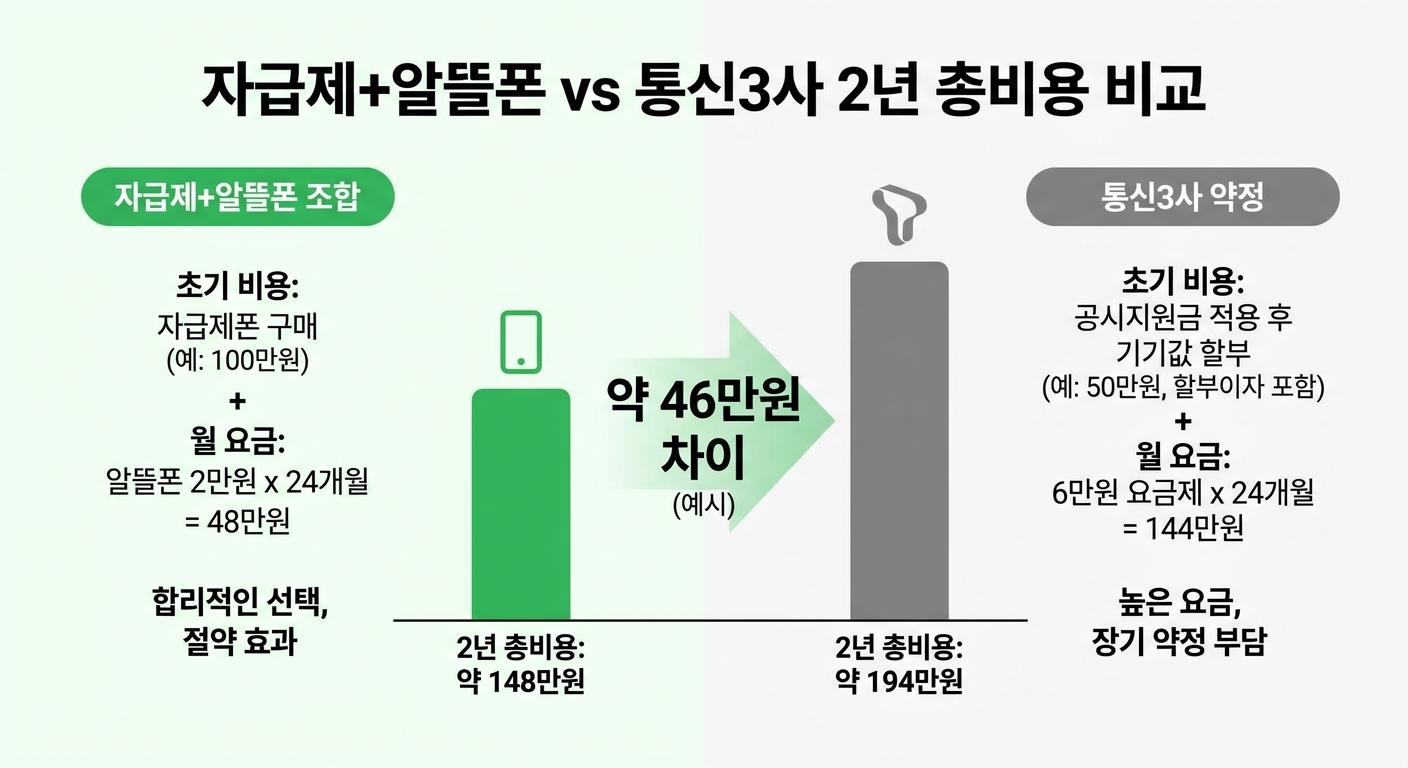 자급제+알뜰폰 vs 통신3사 약정 2년 총비용 비교 인포그래픽