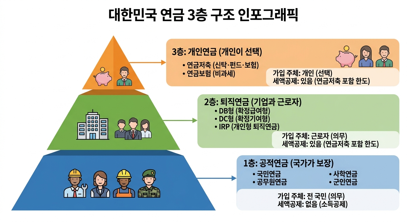 한국 연금 종류 3층 구조 비교 인포그래픽