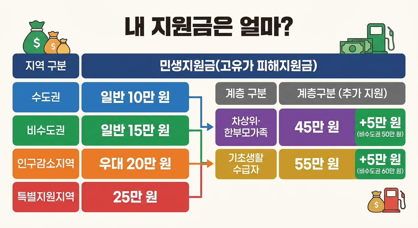 고유가 피해지원금 지역별·계층별 지급 금액 비교 인포그래픽