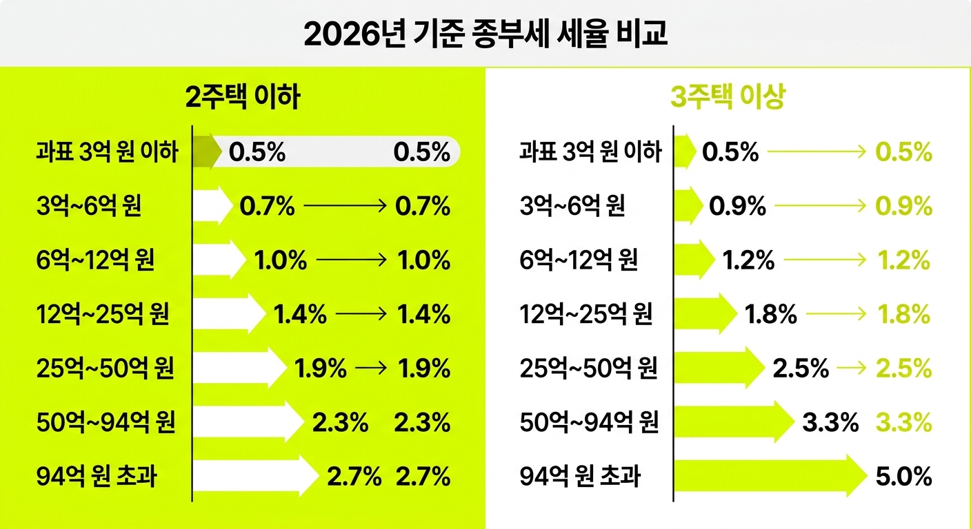 2주택 이하와 3주택 이상 종합부동산세 세율 비교 인포그래픽