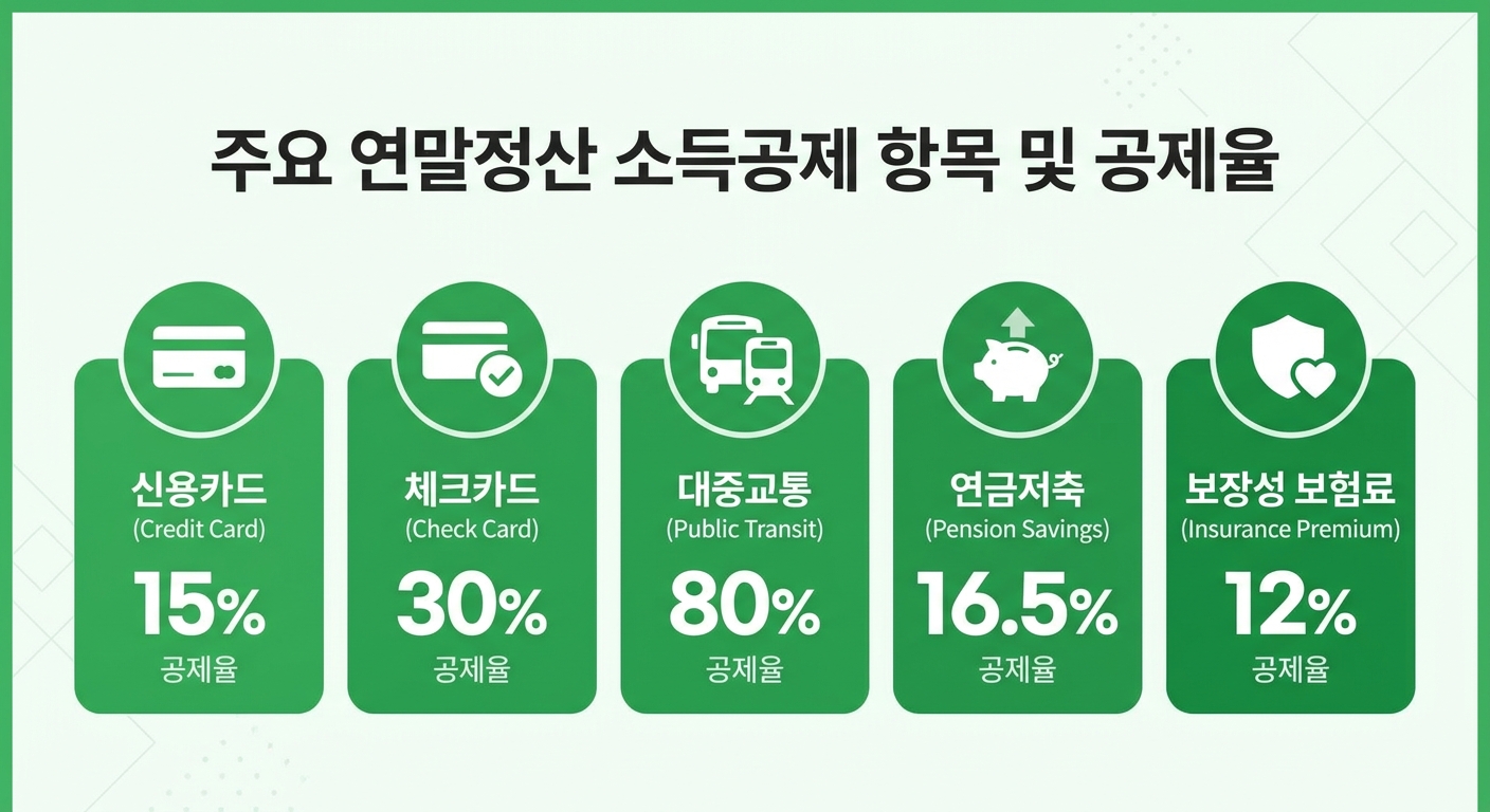 연말정산 주요 공제 항목별 공제율 비교 인포그래픽