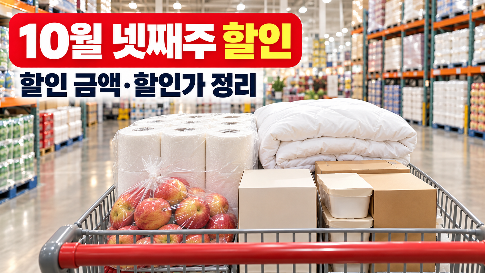 코스트코 10월 넷째주 할인 금액과 할인가 정리 썸네일, 생활용품과 이불·사과가 담긴 카트