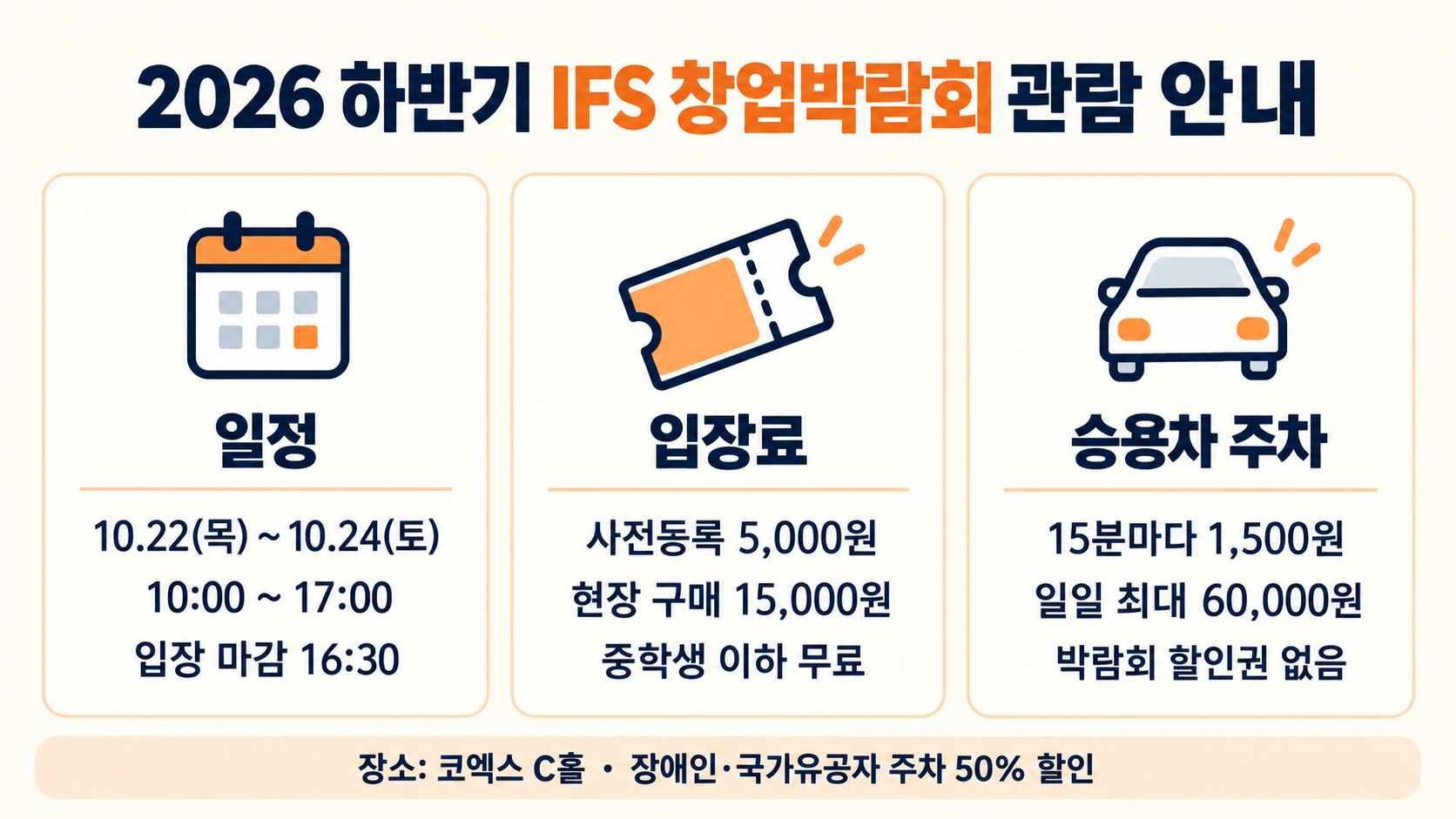 2026 하반기 IFS 창업박람회 관람 안내: 일정 10.22~10.24 10:00~17:00, 입장료 사전등록 5,000원·현장 15,000원·중학생 이하 무료, 승용차 주차 15분마다 1,500원·일일 최대 60,000원